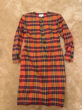 S.F. Orange Plaid Button-Front Midi Dress